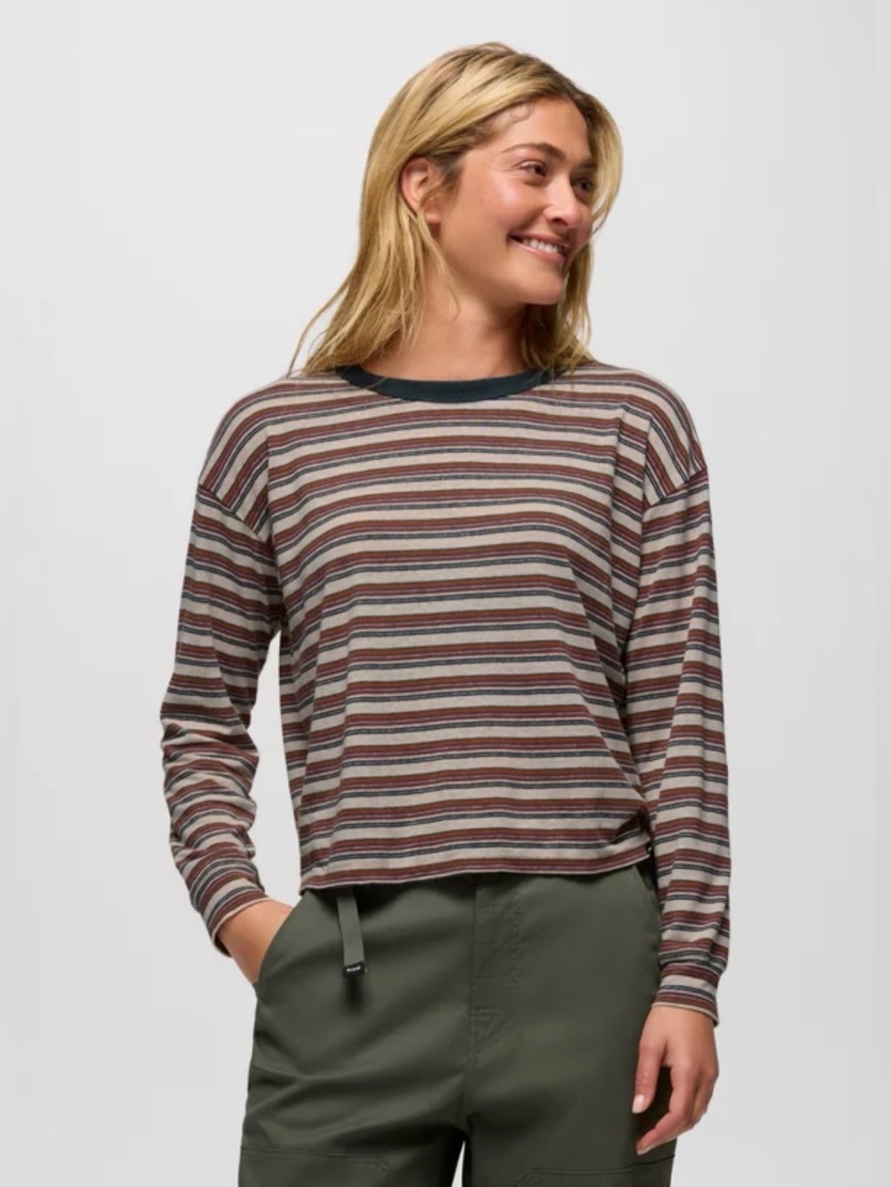 prAna Cozy Up Long Sleeve Crew Top Women’s L Stripes Hemp Blend Sustainable